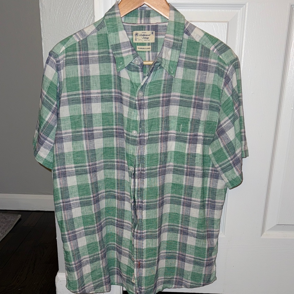 Green and White Plaid Linen Shirt